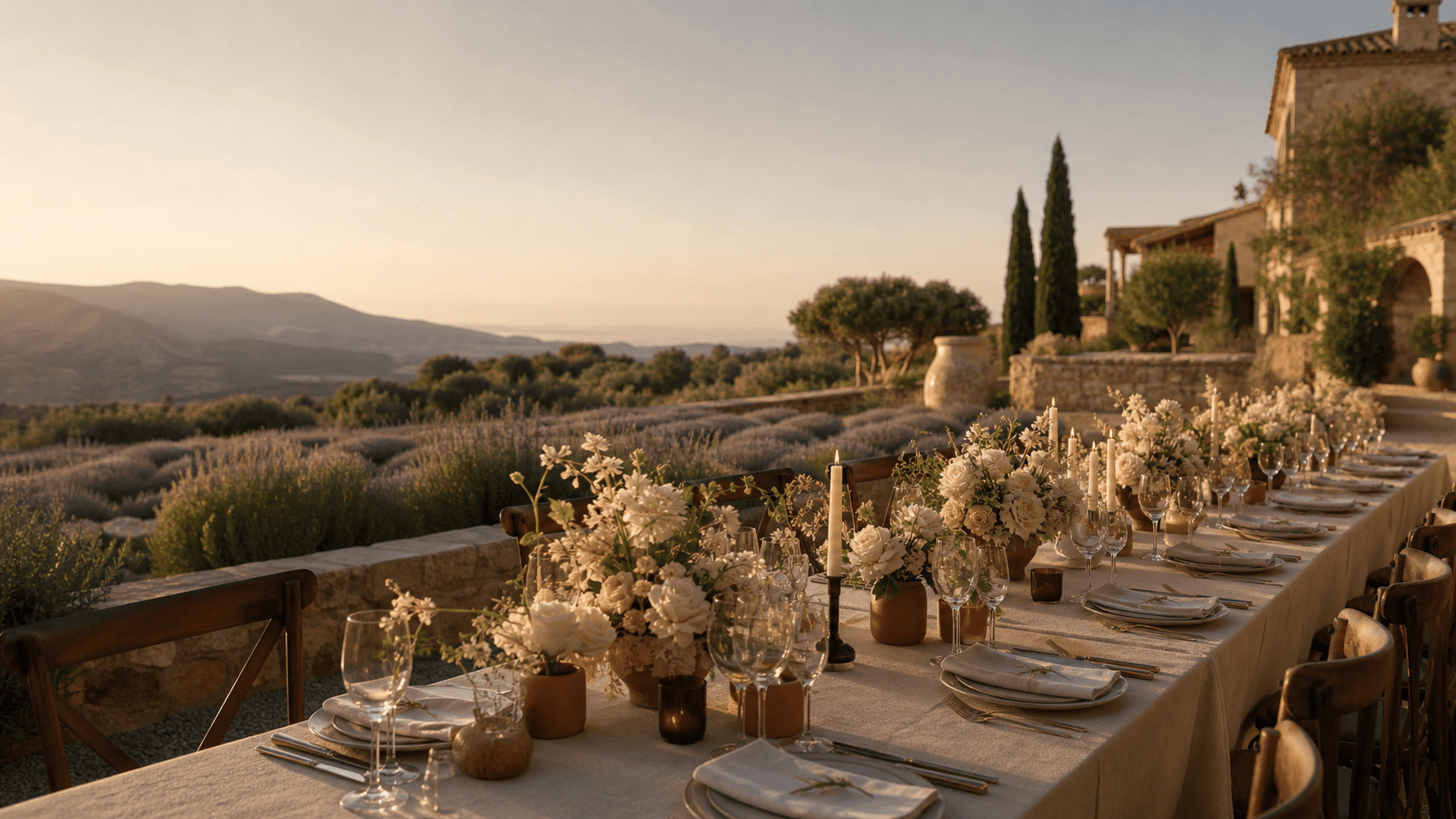 An elegant destination dinner table overlooking a sunlit landscape